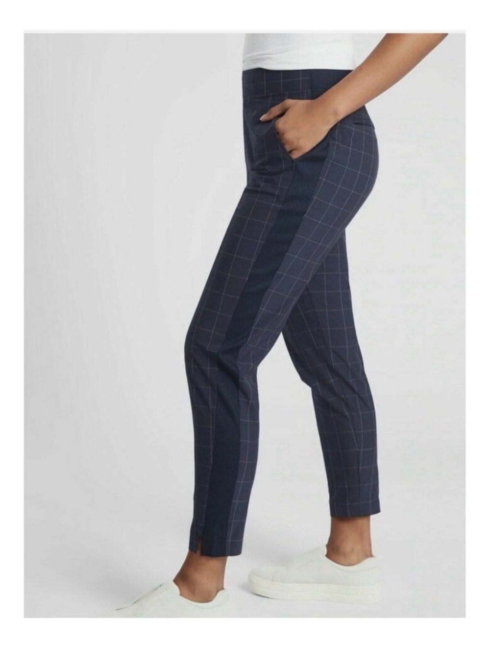 Athleta Brooklyn Navy Windowpane Ankle Pants with Side Stripe | Size 6P
